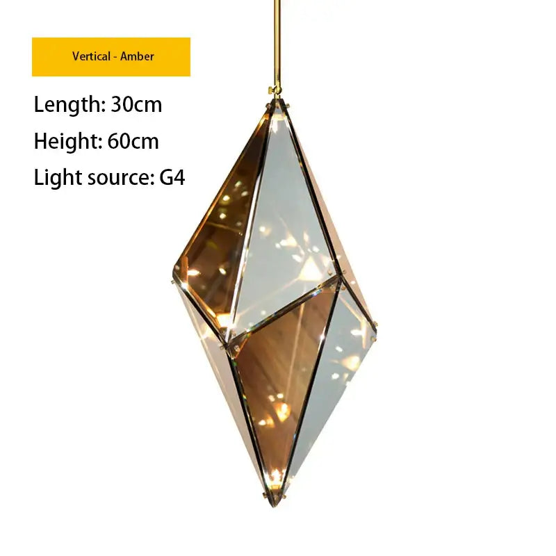 Amber-colored geometric gold diamond glass led pendant light with brass hardware for dining room pendant lights