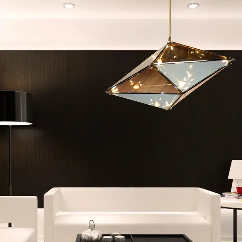 Geometric gold diamond glass led pendant light with mirrored facets and gold-toned frame for dining room pendant lights