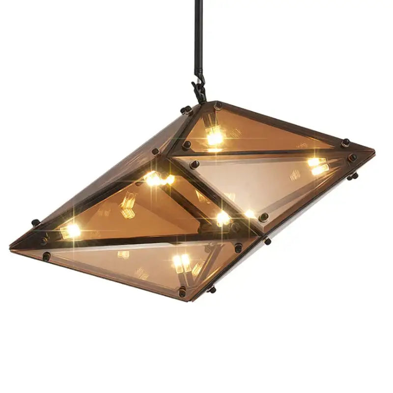 Geometric gold diamond glass led pendant lights with amber faceted glass and black metal frame for dining room pendant lights