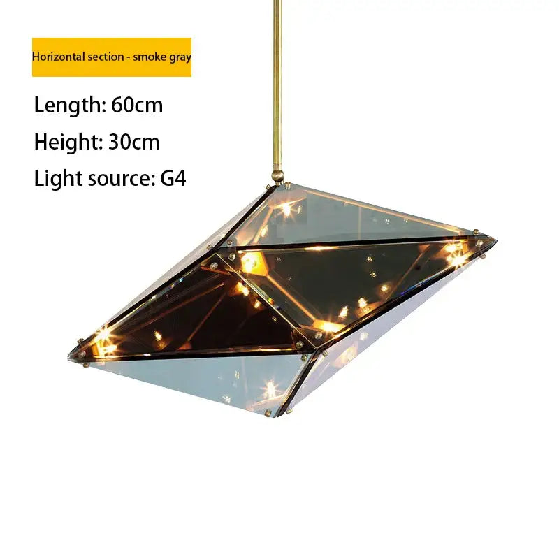 Geometric gold diamond glass led pendant lights with smoke gray glass and brass rod for dining room illumination