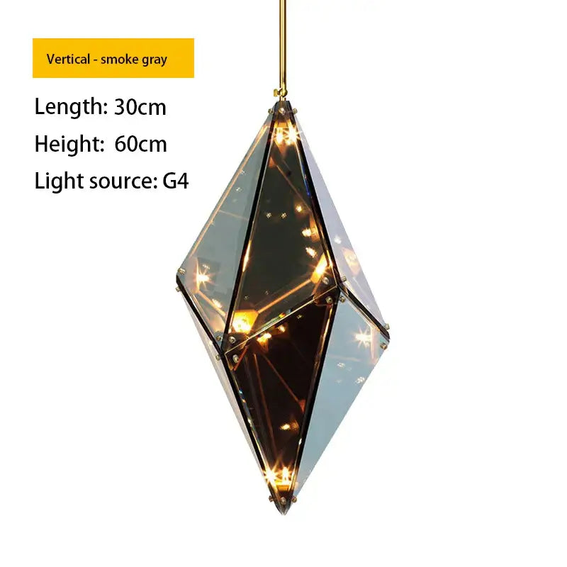 A vertical smoke gray geometric led pendant light with faceted diamond glass and gold-toned hardware for dining rooms