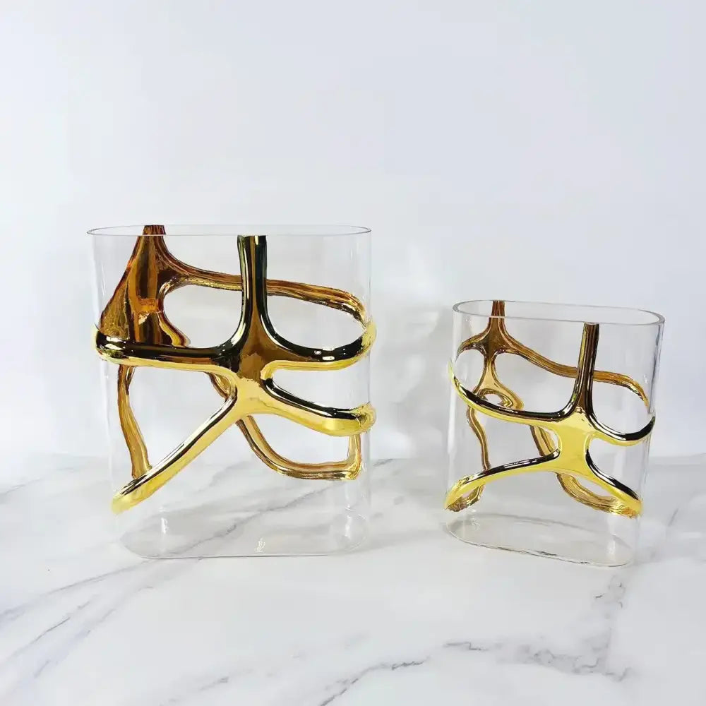 Two transparent glass vases with intricate gold-edged glass vase decorbites gold-edged glass abstract sculptures for living room decor