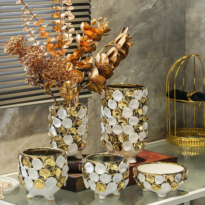 Geometric gold leaf ceramic vases with gold leaf relief mosaic tiles in white and gold for living room decor
