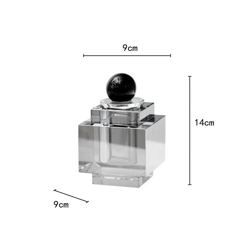 Clear acrylic crystal storage jar with black spherical stopper and tiered square base for bedroom decor