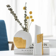 White ceramic vase with geometric gold striped textured accent for living room hydroponics decor