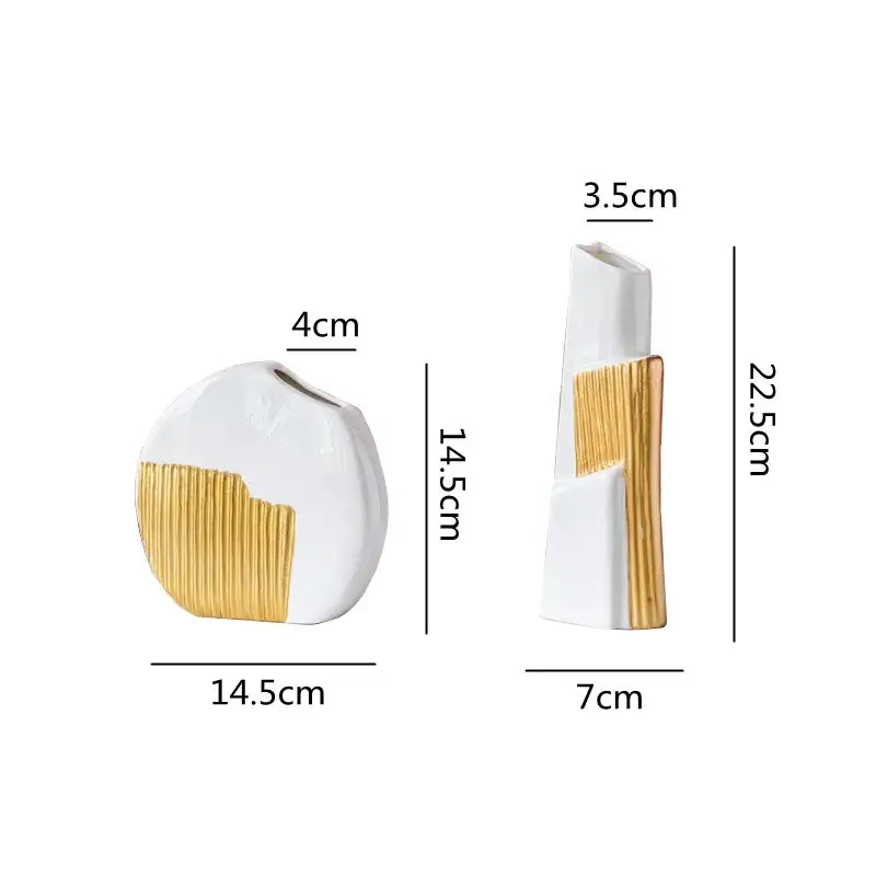 Two white ceramic vases with geometric gold striped detailing for living room hydroponics display