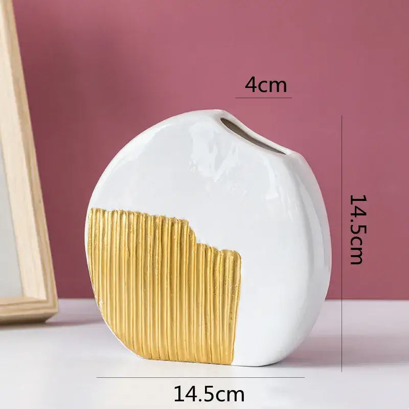 White ceramic vase with geometric gold striped ribbed accent designed for living room hydroponics