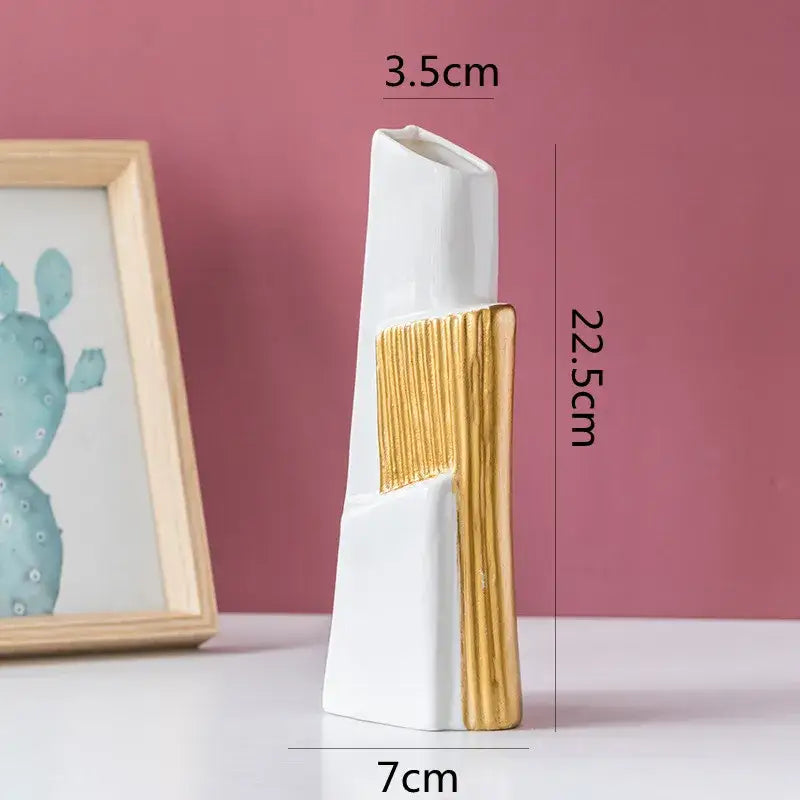 A sleek white ceramic vase with geometric gold striped vertical accent, 22.5cm tall for living room hydroponics