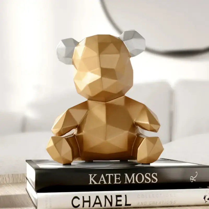 Geometric gold and white bear figurine resin sculpture with faceted design for living room decor