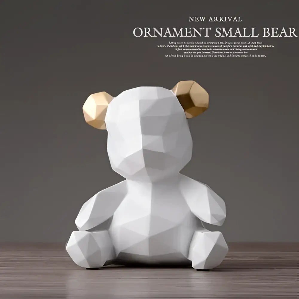 White geometric bear figurine resin sculpture with gold faceted ears for living room decor