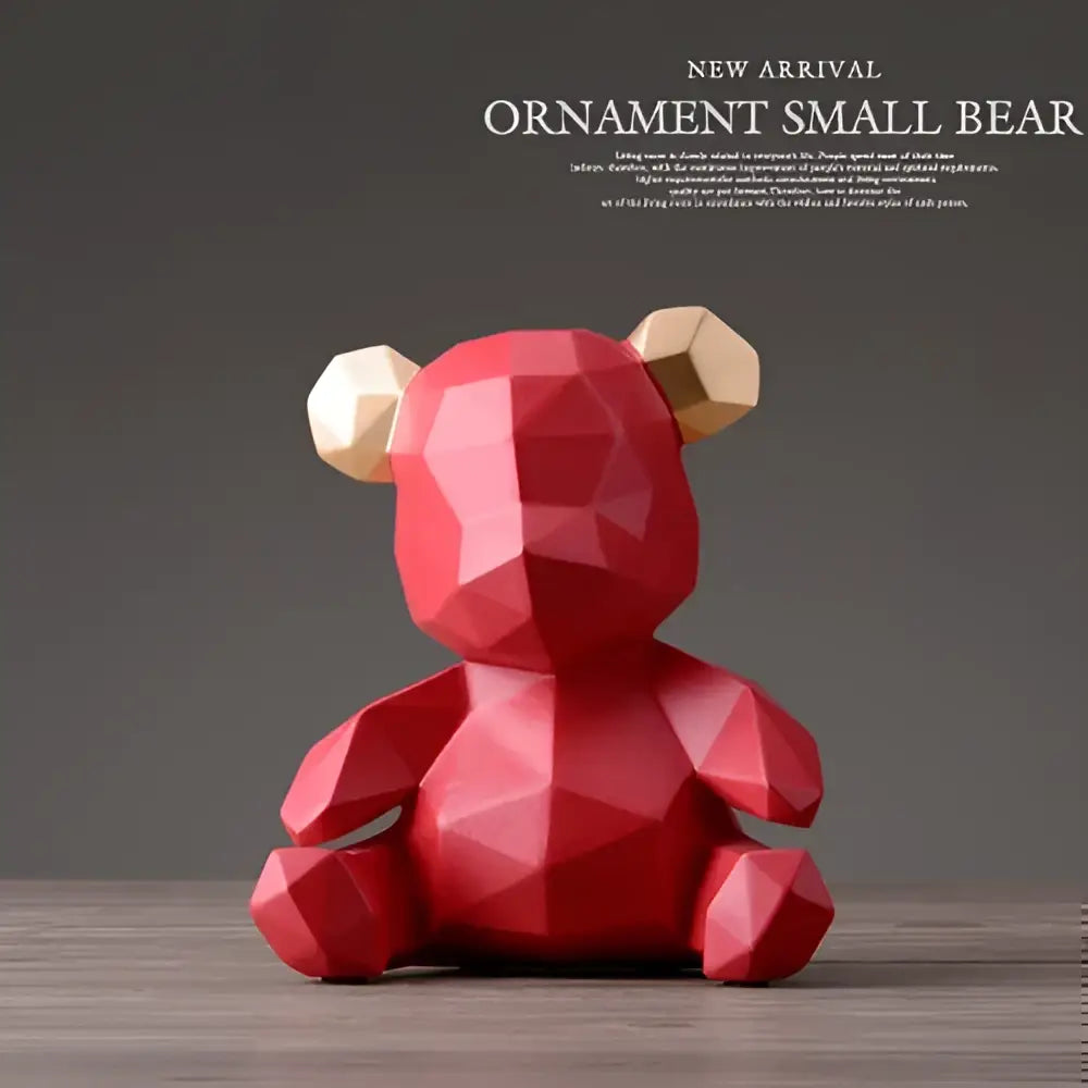 Red geometric bear figurine resin sculpture with beige ears for living room decor in gold and white accents