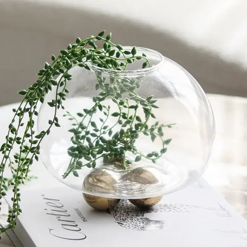 Clear glass spherical vase with cascading green string-of-pearls plant on three golden ball decorbites geometric golden base