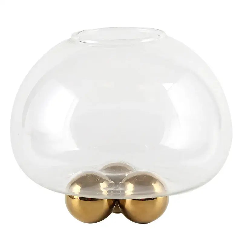 Clear glass dome vase with geometric golden ball three-footed metal base for living room floral decorbites decor
