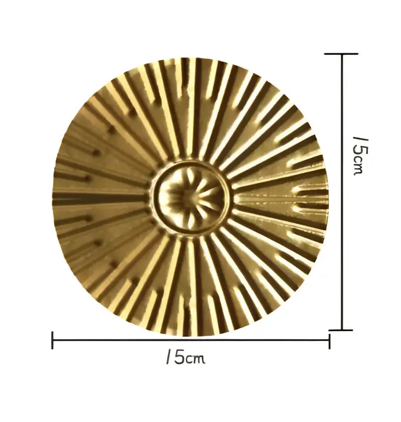 Geometric golden metal wall art set featuring a 15cm golden circular plate with sunburst pattern and star motif decorbites geometric golden