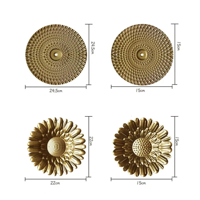 Geometric golden metal wall art set featuring gold-colored intricately textured circular and sunflower-shaped plaques