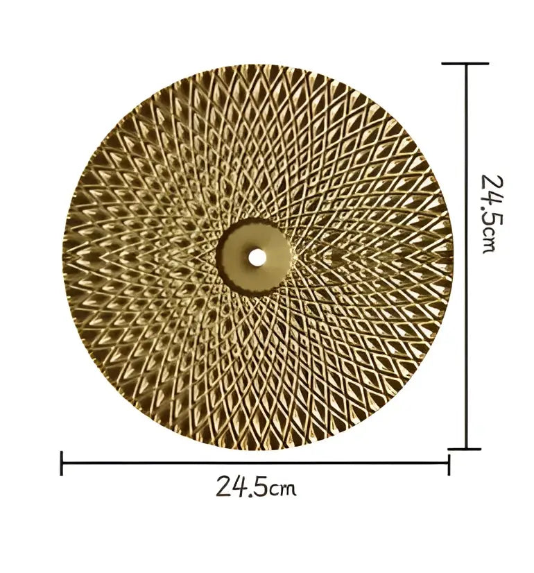 Geometric golden metal wall art featuring a gold-colored circular grinding wheel with diamond pattern decorbites design