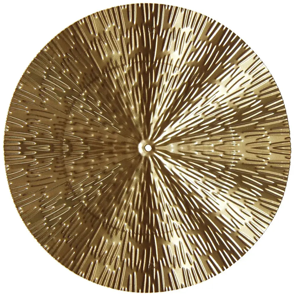Geometric golden metal circular wall art with textured radiating pattern for living room decorbites golden metal wall