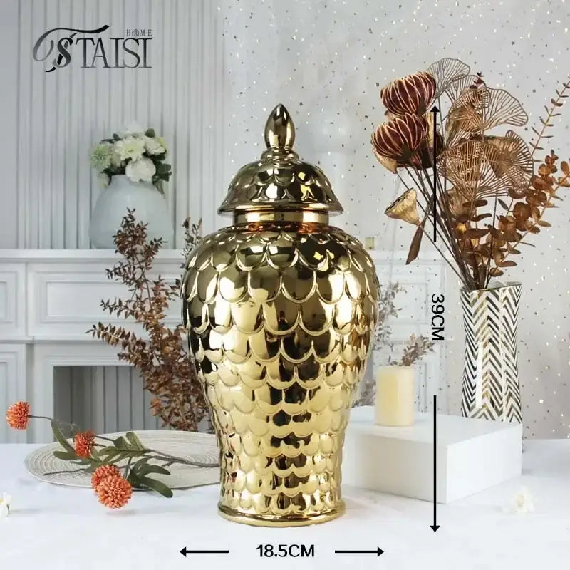 Golden ceramic porcelain jar with scalloped fish scale pattern and matching lid for decorbites geometric golden storage