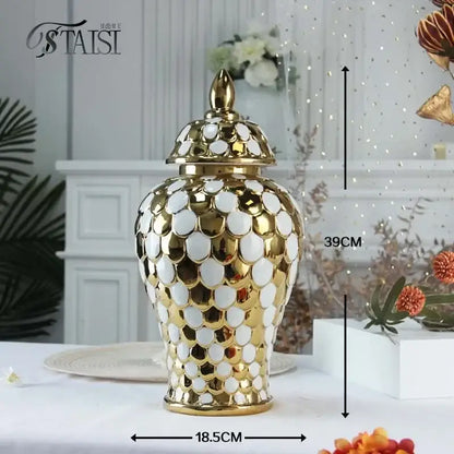 Gold and white mosaic ceramic ginger porcelain jar with ornate scalloped lid for decorbites geometric golden storage