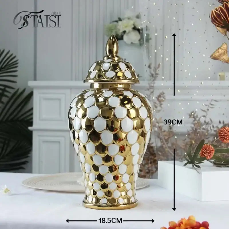 Gold and white mosaic ceramic ginger porcelain jar with ornate scalloped lid for decorbites geometric golden storage