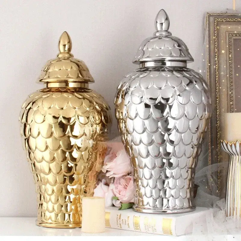 Two ornate porcelain jars in gold and silver with scalloped geometric golden pattern for living room decorbites storage