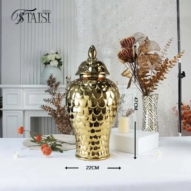 Golden porcelain jar with scalloped fish-scale pattern and lid for decorbites geometric golden living room storage