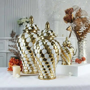 Gold and white mosaic ceramic porcelain jar with scalloped lid decorbites geometric golden porcelain for living room storage