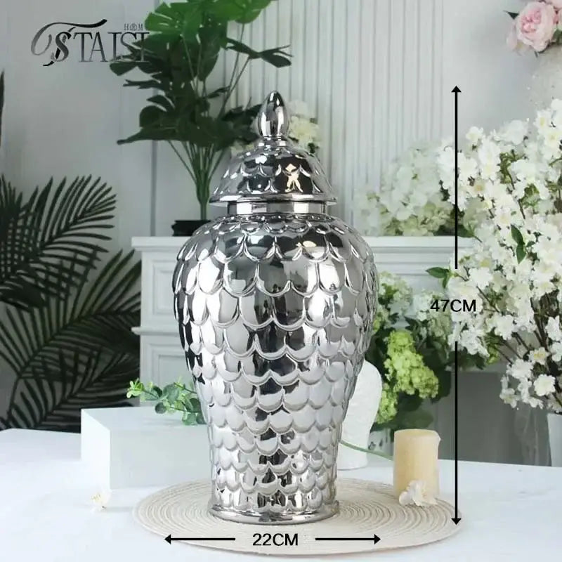 Shiny silver ceramic porcelain jar with scalloped fish scale pattern and lid for decorbites geometric golden style storage