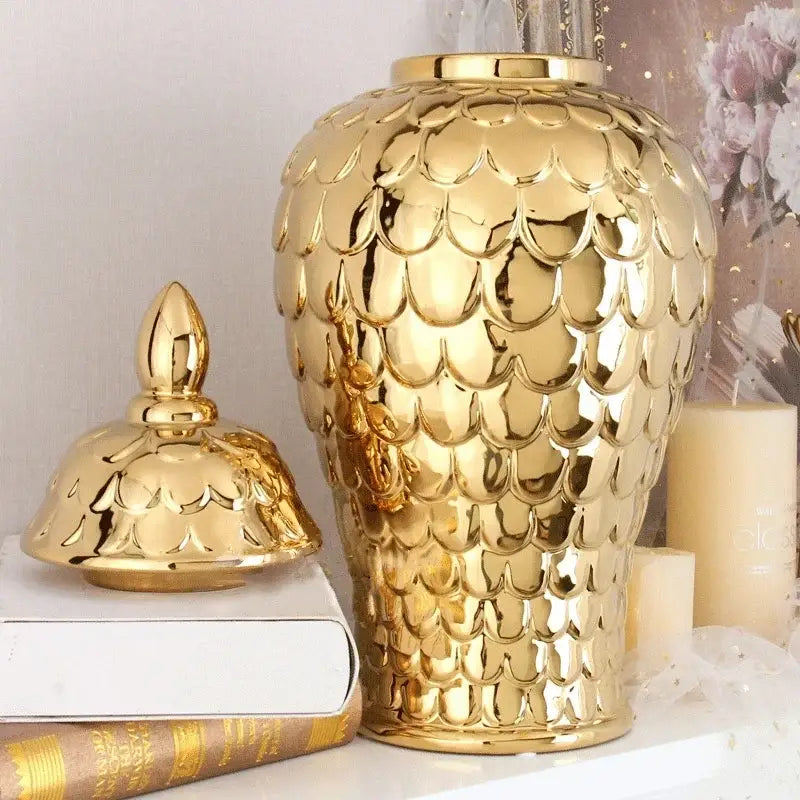 Golden porcelain jar with scalloped fish scale pattern and lid for decorbites geometric golden living room storage
