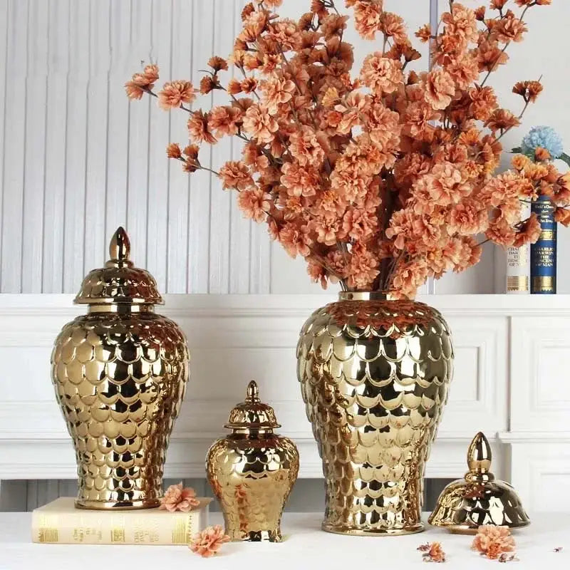 Golden porcelain jar with scalloped fish-scale pattern and matching lid in decorbites geometric golden style for living room storage