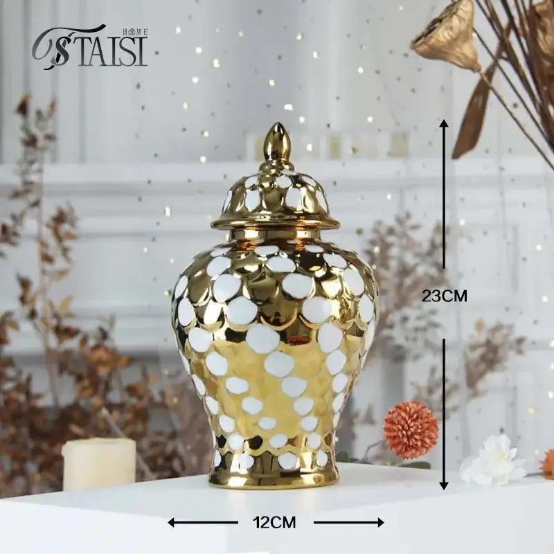 Golden ceramic porcelain jar with white enamel dots and ornate lid for decorbites geometric golden living room storage