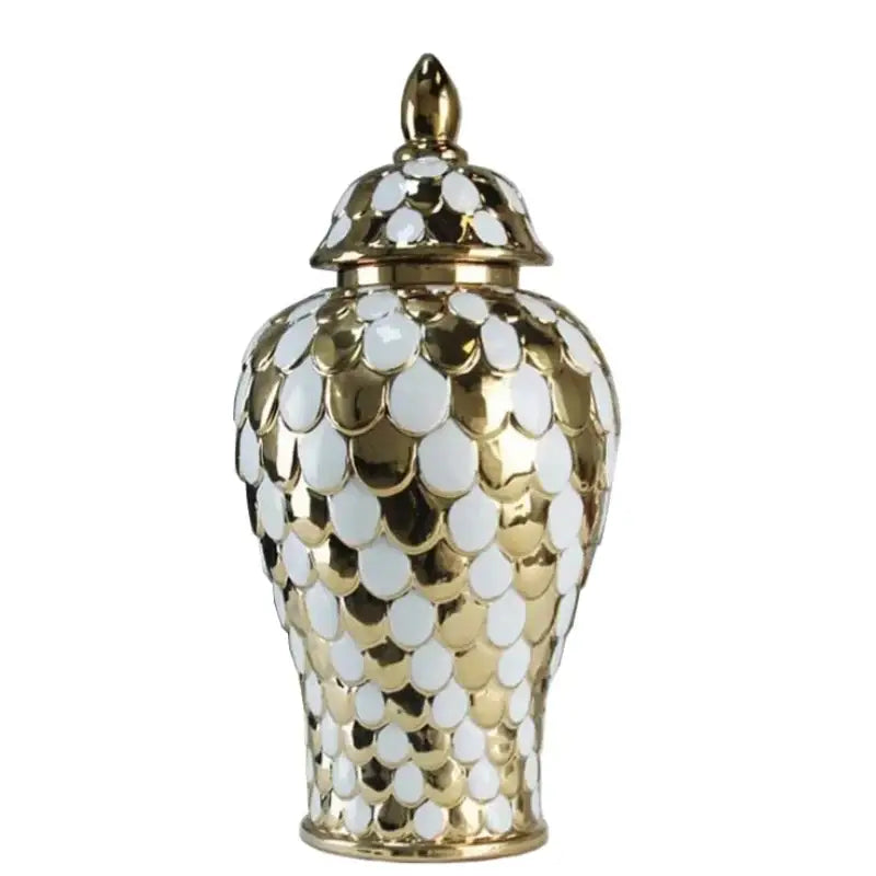 Gold and white mosaic porcelain jar with lid featuring decorbites geometric golden pattern for living room storage