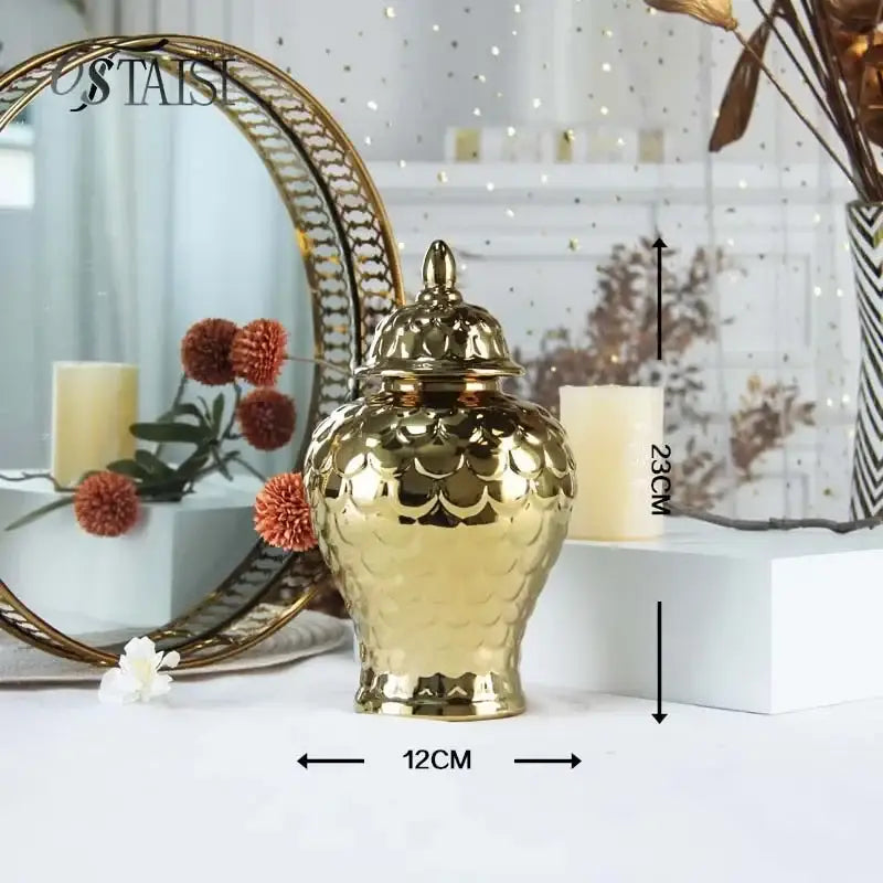 Golden ceramic porcelain jar with scalloped textured surface and matching lid for decorbites geometric golden storage