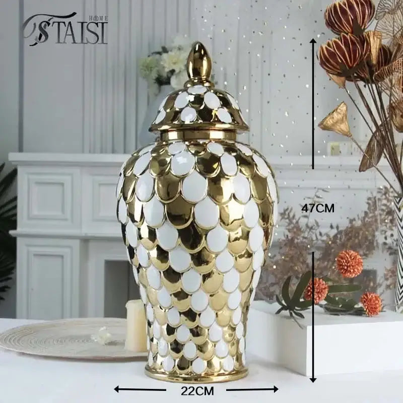 Geometric golden porcelain jar in gold and white ceramic with scalloped mosaic design for living room storage decorbites
