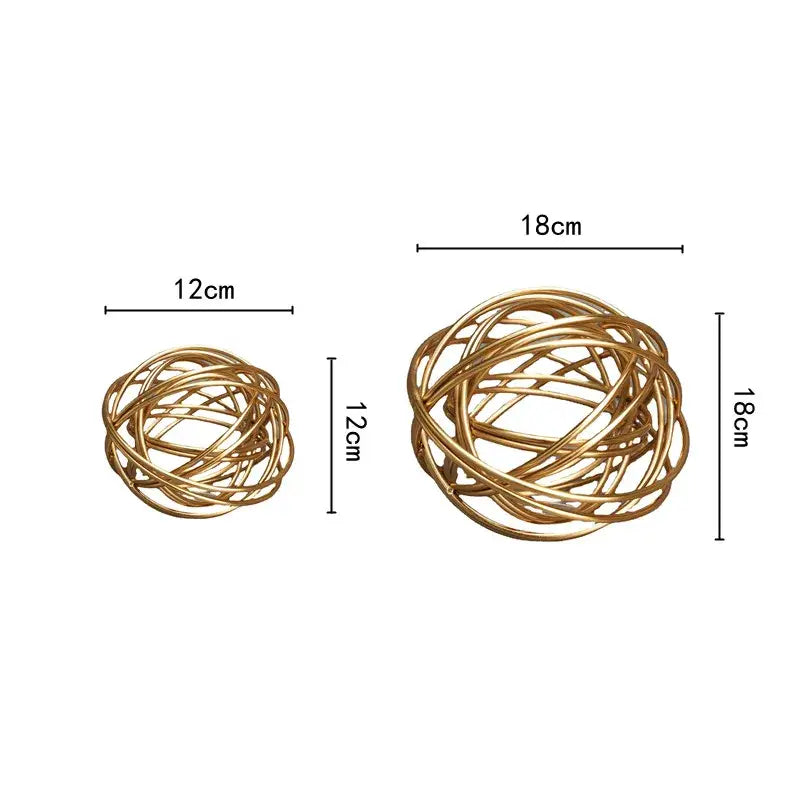 Geometric golden thread decorative figurines featuring gold-toned metal wire spheres 12cm and 18cm diameter
