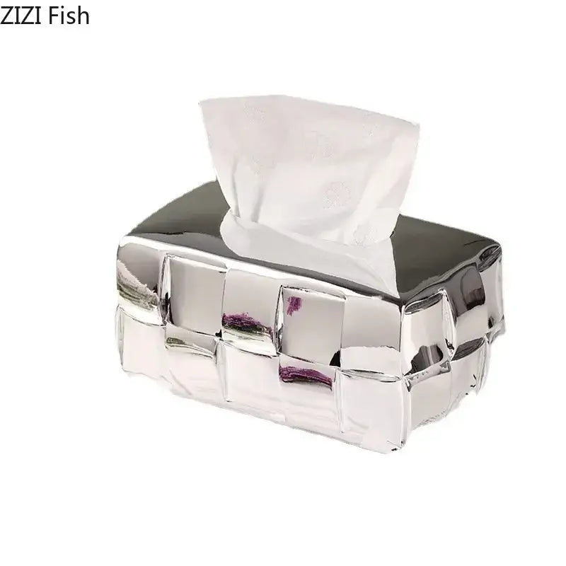 Shiny silver metallic tissue box with geometric woven cube design decorbites geometric grain silver check ceramic organizer