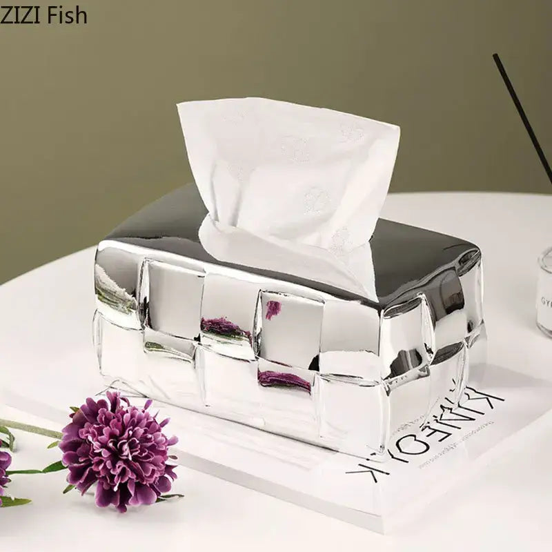 Shiny silver ceramic tissue box with geometric grain silver check woven design and white tissues for bedroom decorbites geometric grain