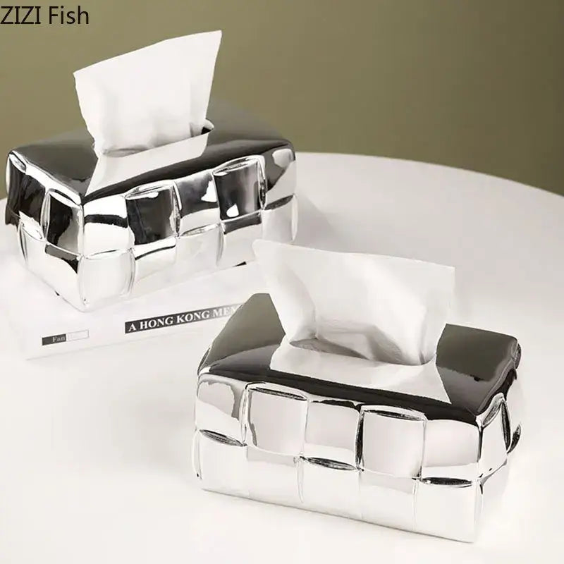 Shiny silver ceramic tissue box with geometric grain silver check design for desktop organizer and bedroom decorbites geometric grain