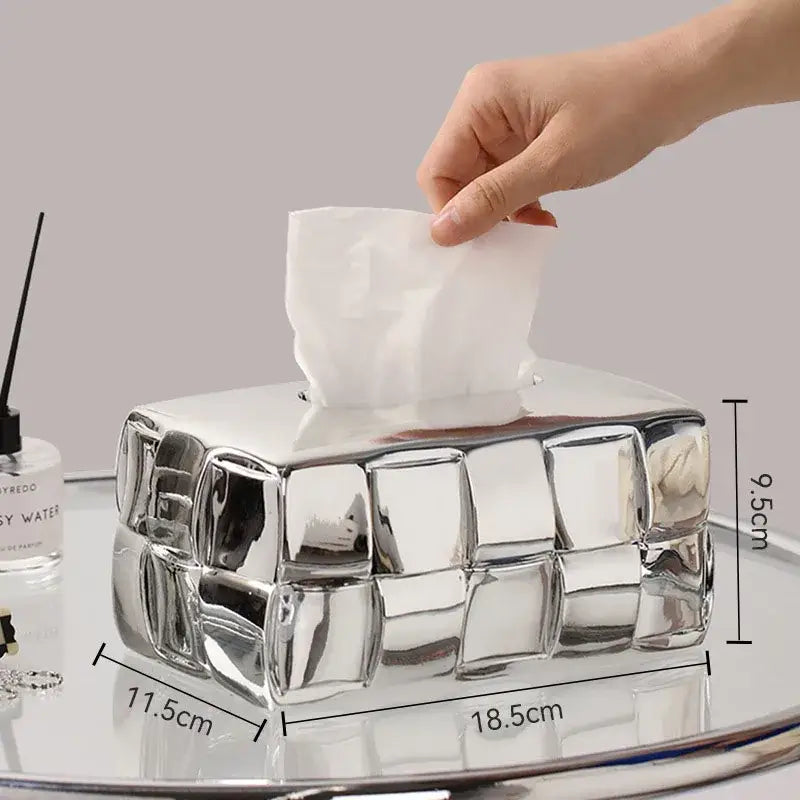 Shiny silver ceramic tissue box with geometric grain silver check design for desktop and bedroom decorbites organizer