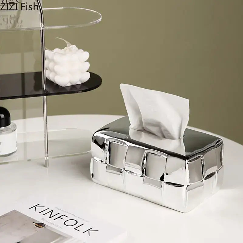 Shiny silver ceramic tissue box with geometric grain silver check quilted design for bedroom decorbites organizer
