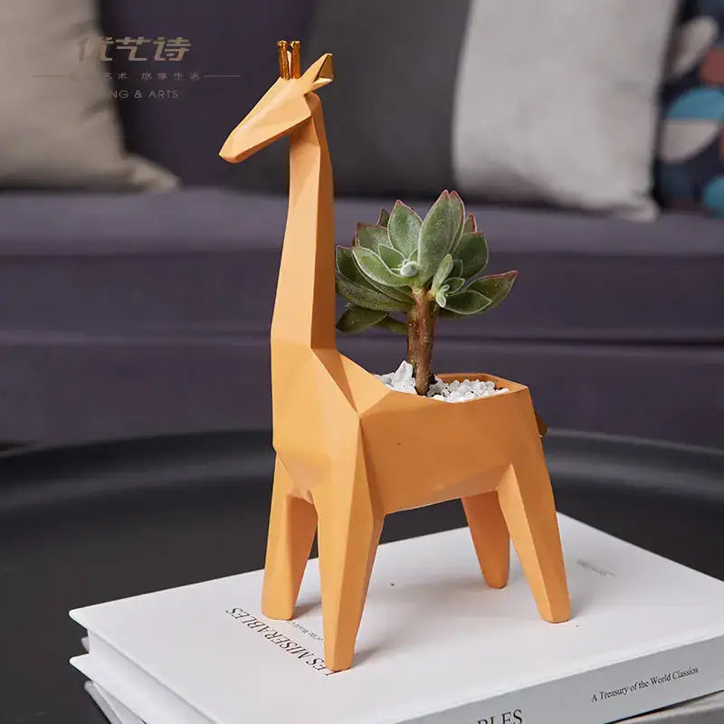 Orange geometric giraffe 3d papercraft planter with small succulent decorbites giraffe living room decor