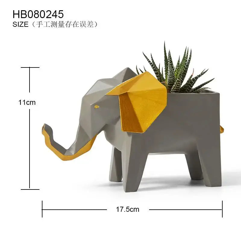 Geometric gray and gold elephant planter with spiky green succulent showcasing decorbites giraffe 3d papercraft sculpture