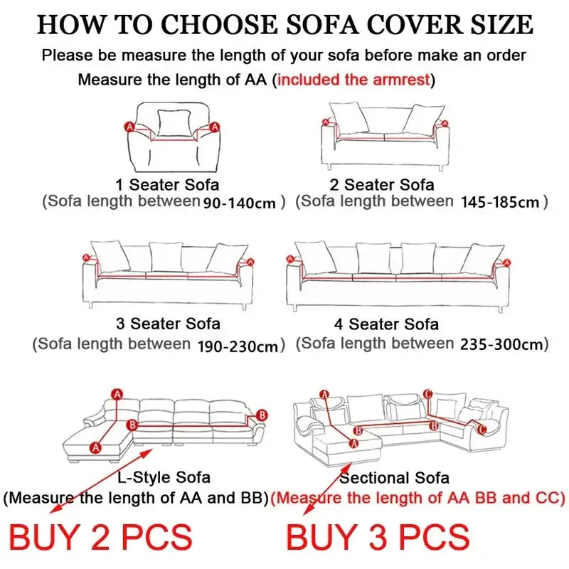Instructional diagram for selecting geometric gray textured stretch sofa cover sizes with measurement guidelines