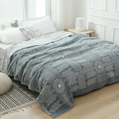 Geometric gray and white cotton gauze throw blanket with soft textured weave for bedroom bedspread decorbites cotton gauze