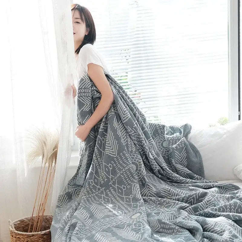 Geometric gray and white cotton gauze throw blanket with soft plush texture for decorbites cotton gauze bedroom use
