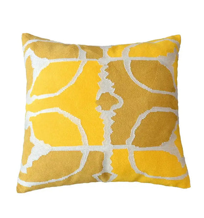 A vibrant yellow square pillow cover with white geometric pattern in cotton for decorbites grey embroidered living room decor