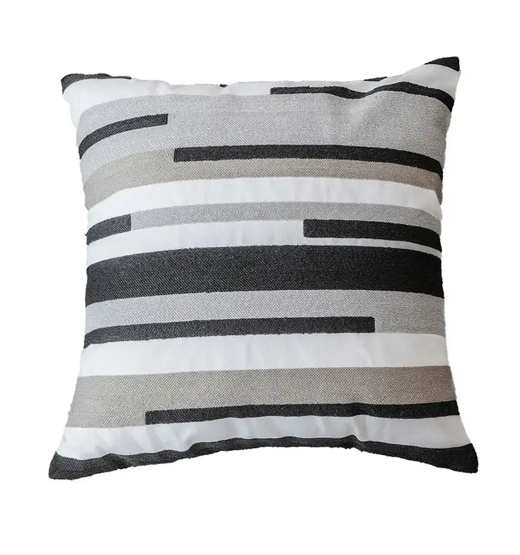 A modern geometric grey embroidered cotton pillow cover with black white and gray horizontal stripes for living room decorbites