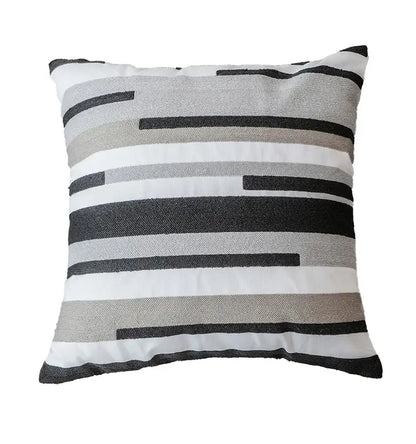 A modern geometric grey embroidered cotton pillow cover with black white and gray horizontal stripes for living room decorbites