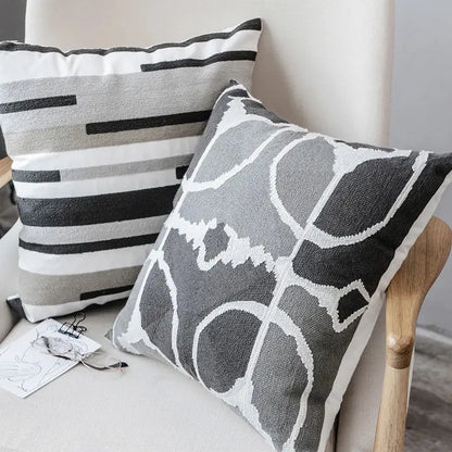 Gray and white geometric patterned pillow cover with textured decorbites grey embroidered cotton design for living room decor