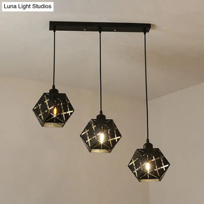 Geometric Hanging Lamp: Carved Metal Shade, Industrial Style, 3 Lights, for Kitchen Pendant Lighting